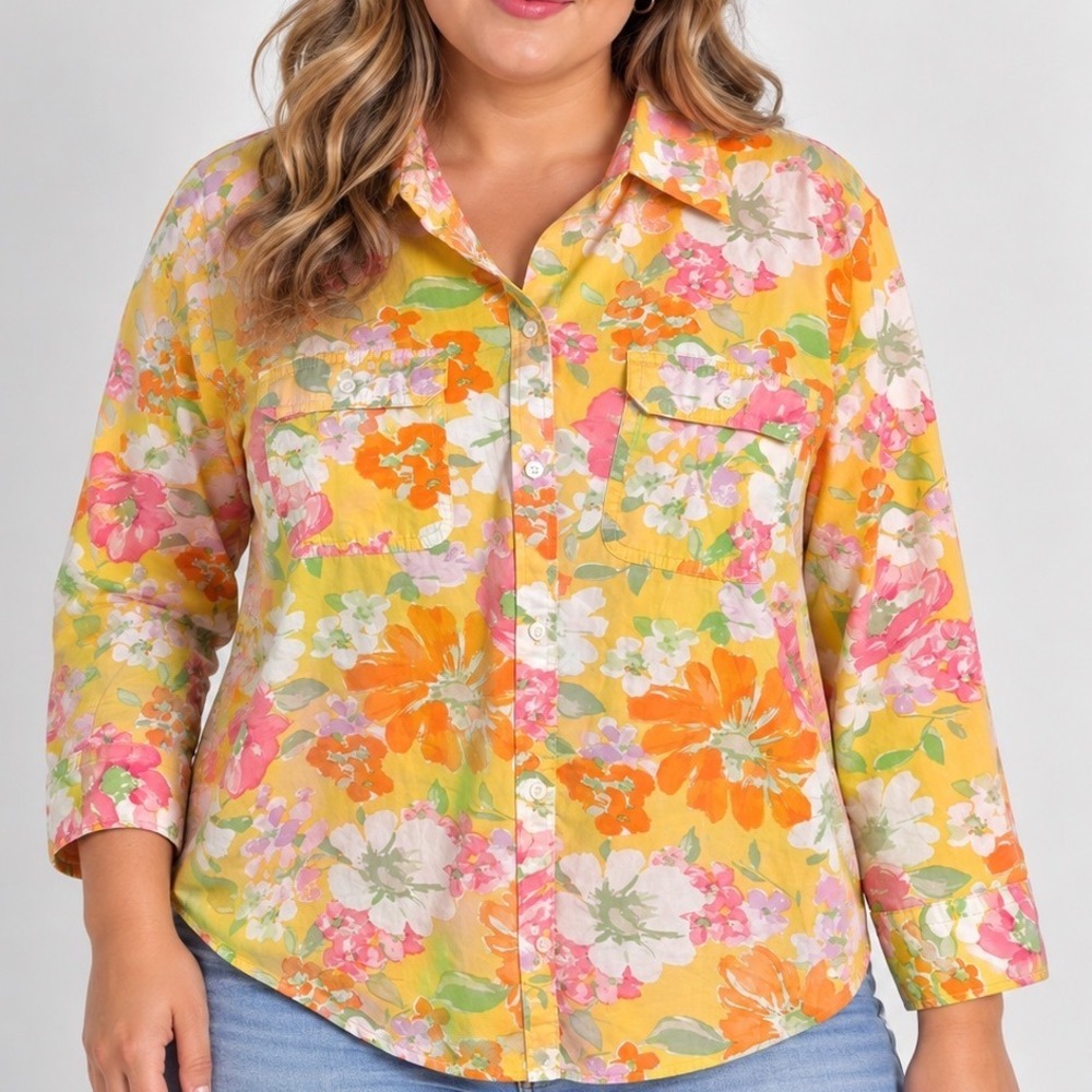 Chaps Large 100% Cotton Yellow Floral Button Front Shirt Blouse Cottagecore